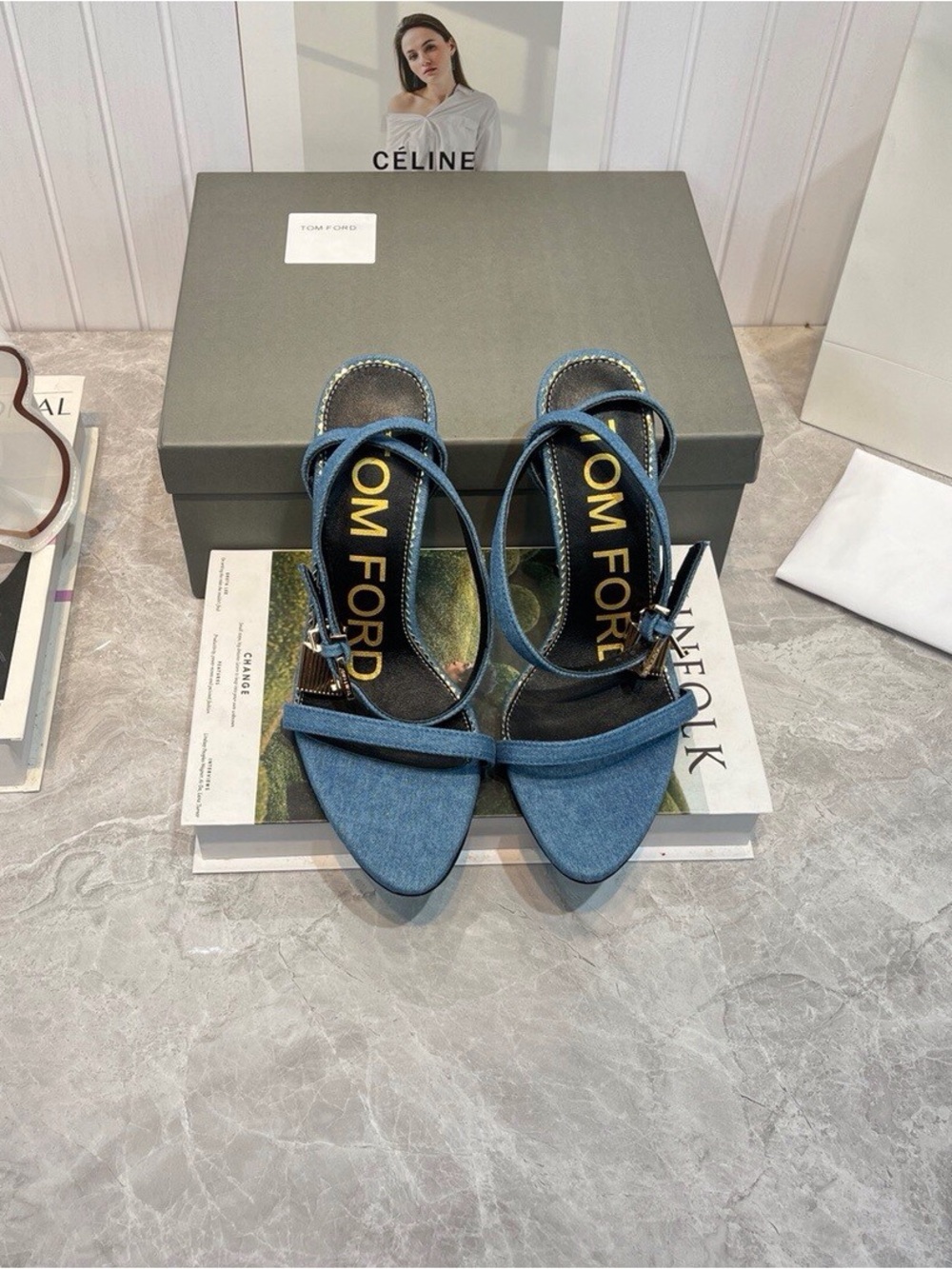 Tom Ford Blue Denim Cross-Strap Slingback Heels - Picture 4 of 5